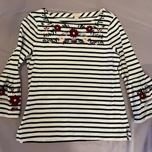 J. Crew Black and White Striped Top with Floral Embroidery and Bell Sleeves